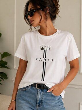 Paris Crown Graphic White Minimalist Tee Casual Chic Top L